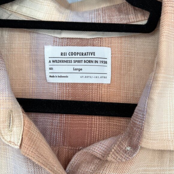 REI Co-op Womens Trailsmith Long-Sleeve Shirt Size L Peach Lavender Plaid Hemp - Picture 6 of 12